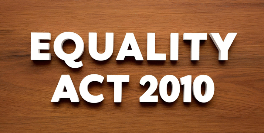 "Text reading 'Equality Act 2010' in bold white letters on a wooden background.