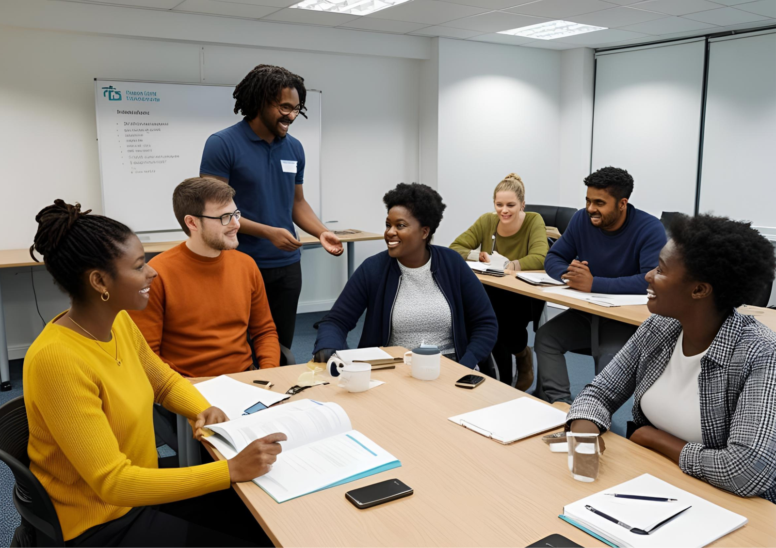Diverse group of adults participating in a training session in a bright, modern room. A trainer stands while speaking to participants seated around a table with notebooks, papers, and cups. The atmosphere appears engaged, inclusive, and collaborative.