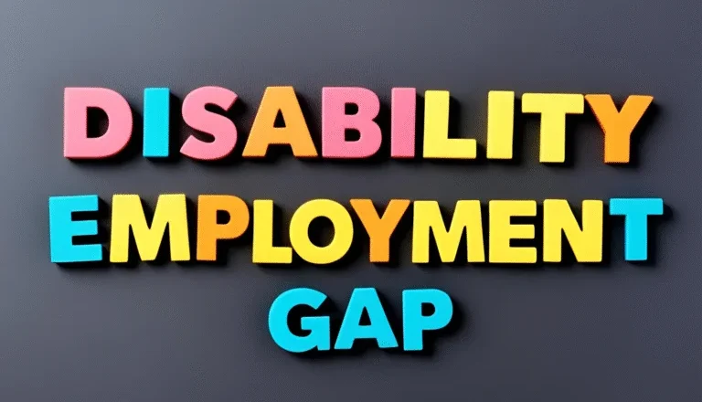 "Text graphic reading 'Disability Employment Gap' in bold, colourful letters on a dark background.