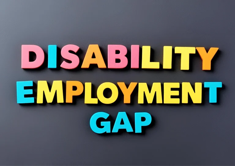 "Text graphic reading 'Disability Employment Gap' in bold, colourful letters on a dark background.