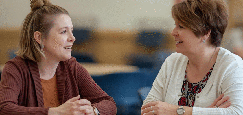 two women chatting at a table