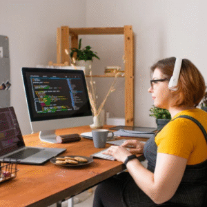 A woman using a wheelchair sits at a desk with two computer screens, wearing headphones while working on coding tasks in a modern home office
