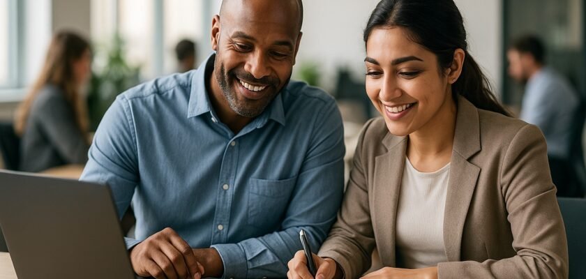 Two colleagues in a bright office collaborating at a laptop during a mentoring session.