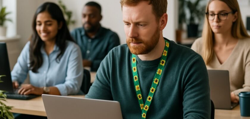 Open-plan office with four colleagues working; one person wears a sunflower lanyard indicating a non-visible disability.