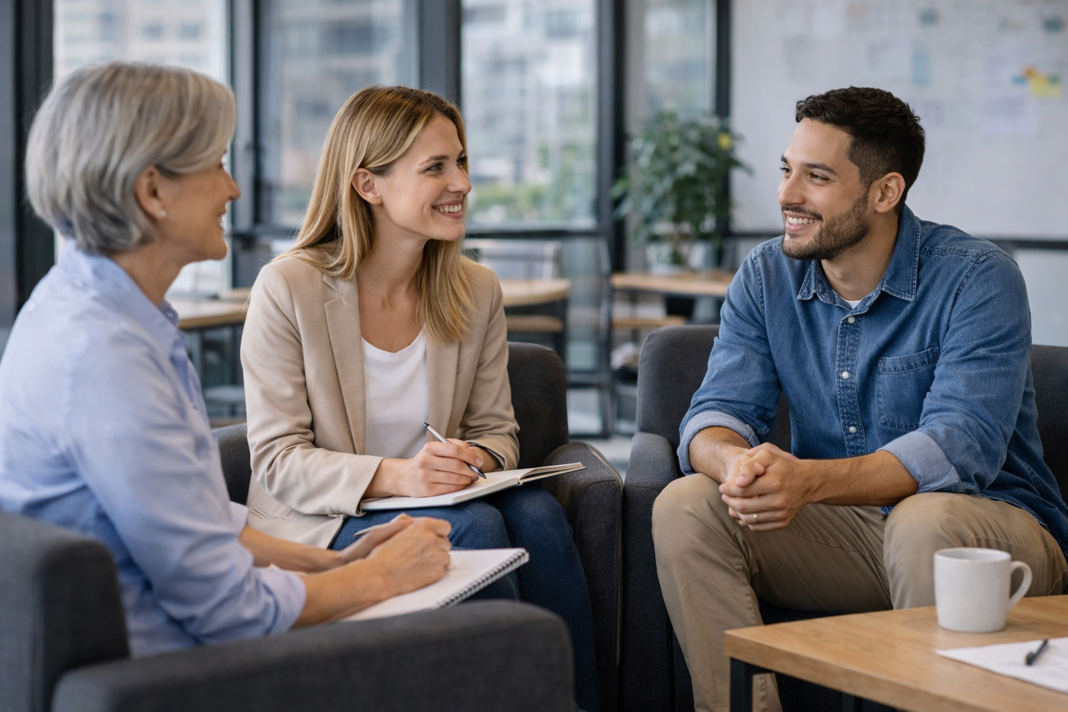 three people discussing